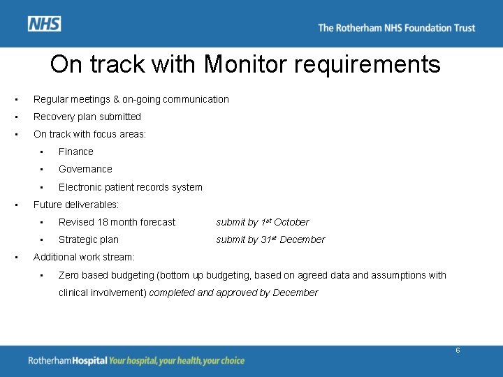 On track with Monitor requirements • Regular meetings & on-going communication • Recovery plan