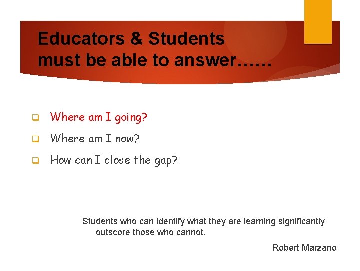 Educators & Students must be able to answer…… q Where am I going? q