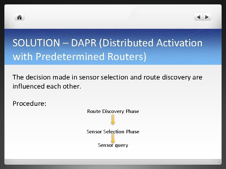 SOLUTION – DAPR (Distributed Activation with Predetermined Routers) The decision made in sensor selection SOLUTION – DAPR (Distributed Activation with Predetermined Routers) The decision made in sensor selection
