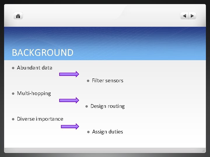 BACKGROUND l Abundant data l l Multi-hopping l l Filter sensors Design routing Diverse BACKGROUND l Abundant data l l Multi-hopping l l Filter sensors Design routing Diverse