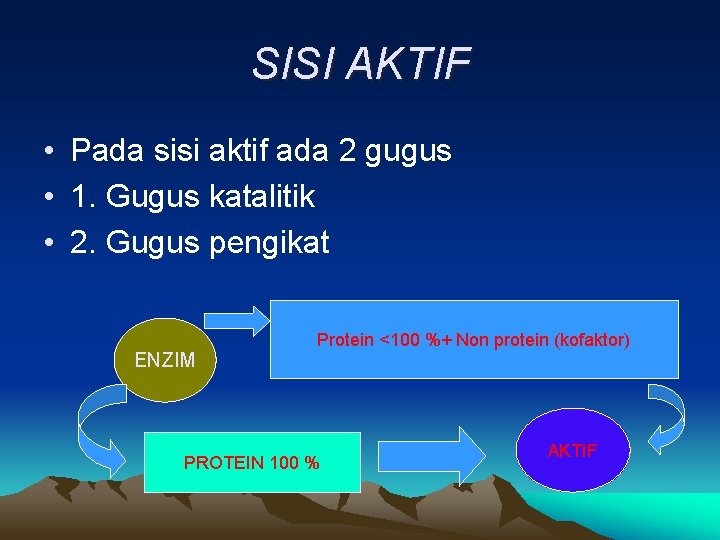 SISI AKTIF • Pada sisi aktif ada 2 gugus • 1. Gugus katalitik •