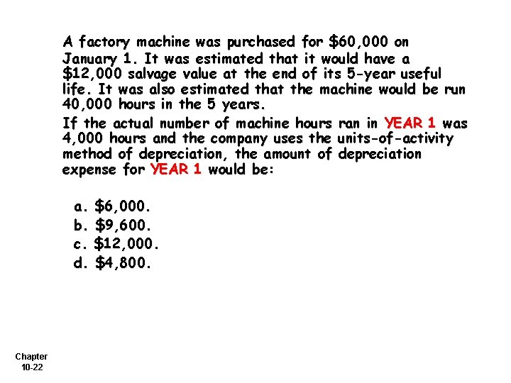 A factory machine was purchased for $60, 000 on January 1. It was estimated