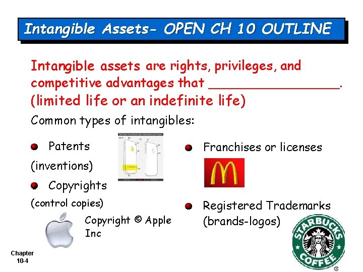 Intangible Assets- OPEN CH 10 OUTLINE Intangible assets are rights, privileges, and competitive advantages