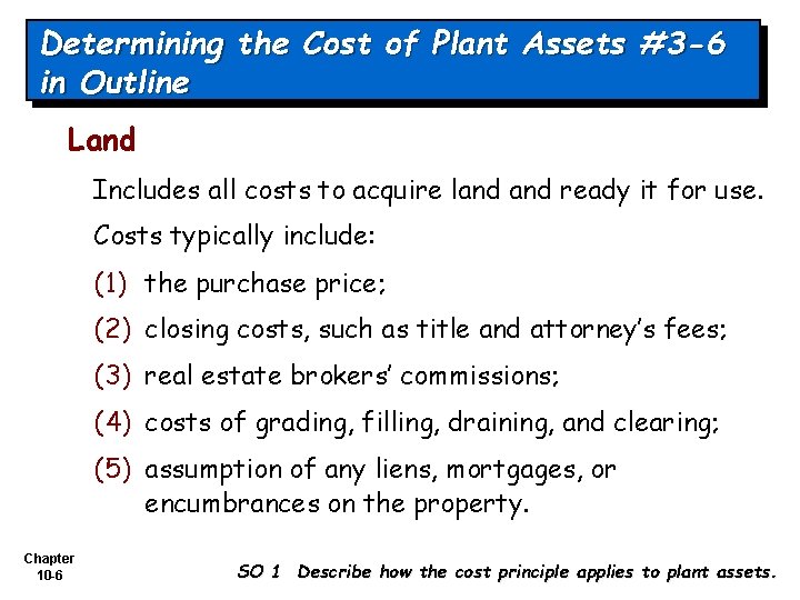 Determining the Cost of Plant Assets #3 -6 in Outline Land Includes all costs