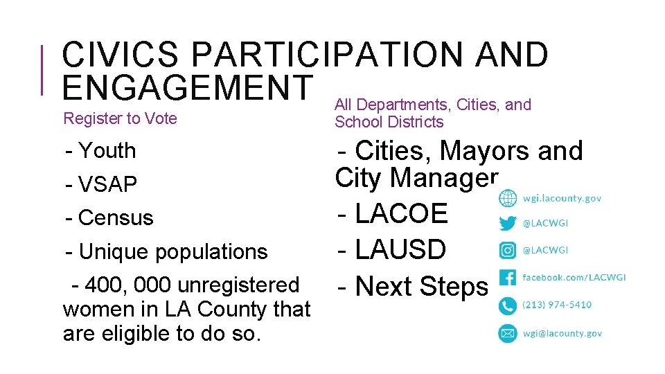 CIVICS PARTICIPATION AND ENGAGEMENT All Departments, Cities, and Register to Vote School Districts -