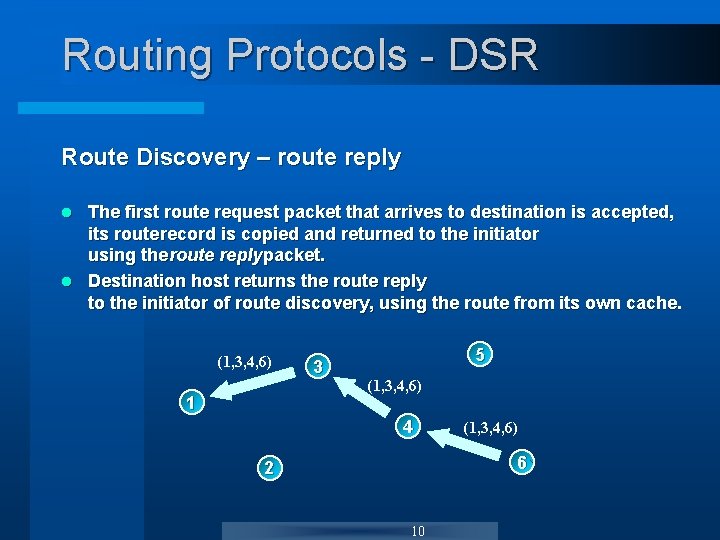 Routing Protocols - DSR Route Discovery – route reply The first route request packet Routing Protocols - DSR Route Discovery – route reply The first route request packet