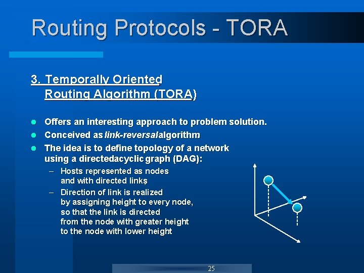 Routing Protocols - TORA 3. Temporally Oriented Routing Algorithm (TORA) Offers an interesting approach Routing Protocols - TORA 3. Temporally Oriented Routing Algorithm (TORA) Offers an interesting approach