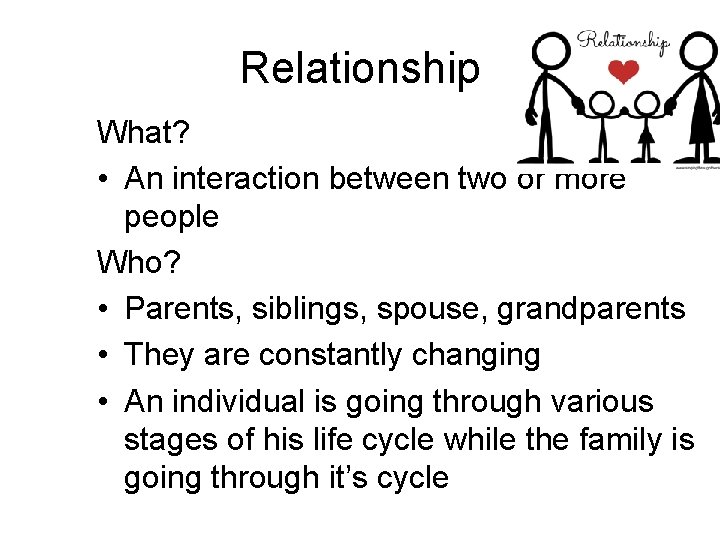 Relationship What? • An interaction between two or more people Who? • Parents, siblings,