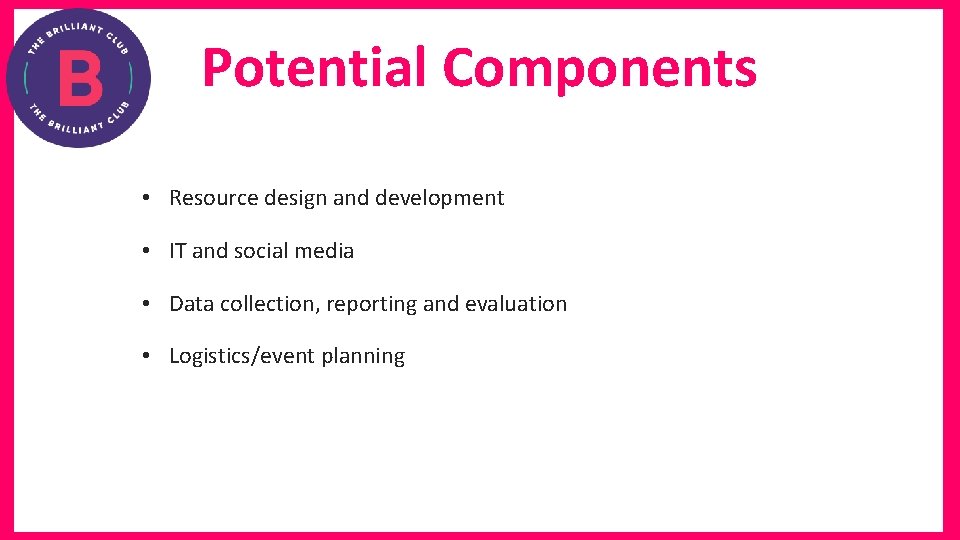 Potential Components • Resource design and development • IT and social media • Data