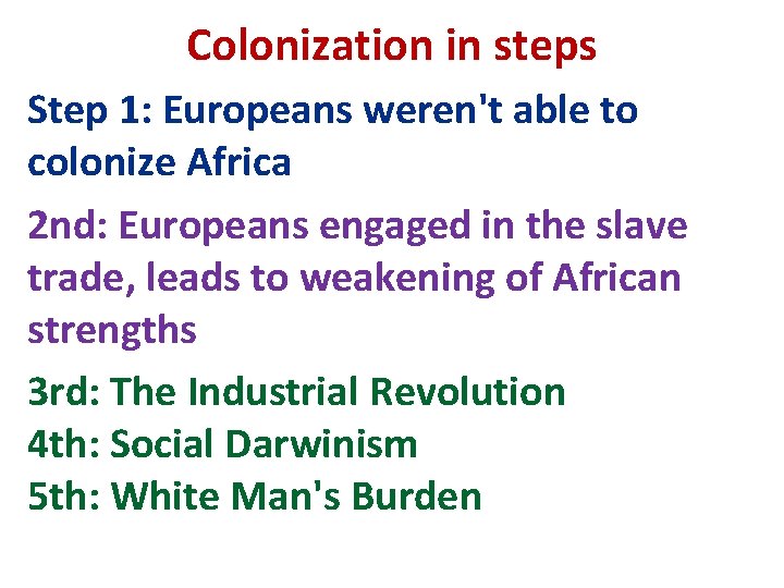 Colonization in steps Step 1: Europeans weren't able to colonize Africa 2 nd: Europeans