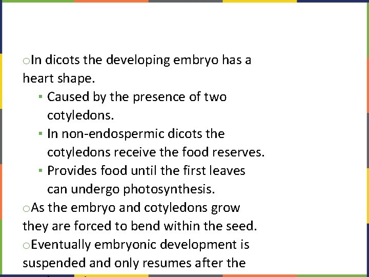 o. In dicots the developing embryo has a heart shape. ▪ Caused by the