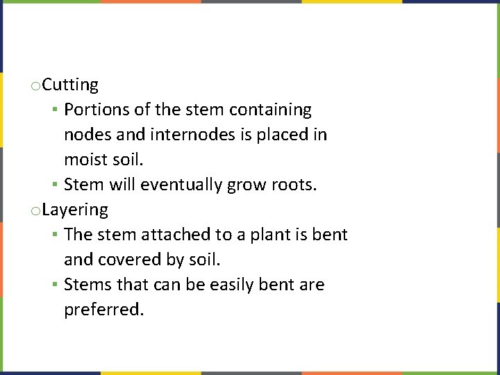 o. Cutting ▪ Portions of the stem containing nodes and internodes is placed in