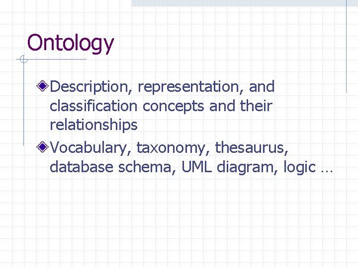 Ontology Description, representation, and classification concepts and their relationships Vocabulary, taxonomy, thesaurus, database schema,