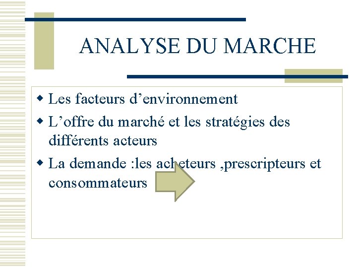 ANALYSE DU MARCHE w Les facteurs d’environnement w L’offre du marché et les stratégies