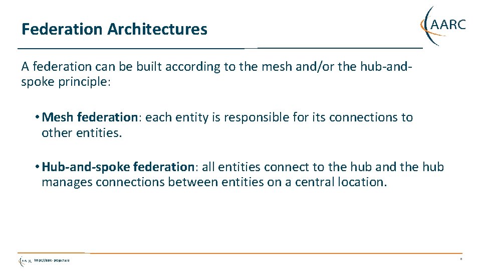 Federation Architectures A federation can be built according to the mesh and/or the hub-andspoke