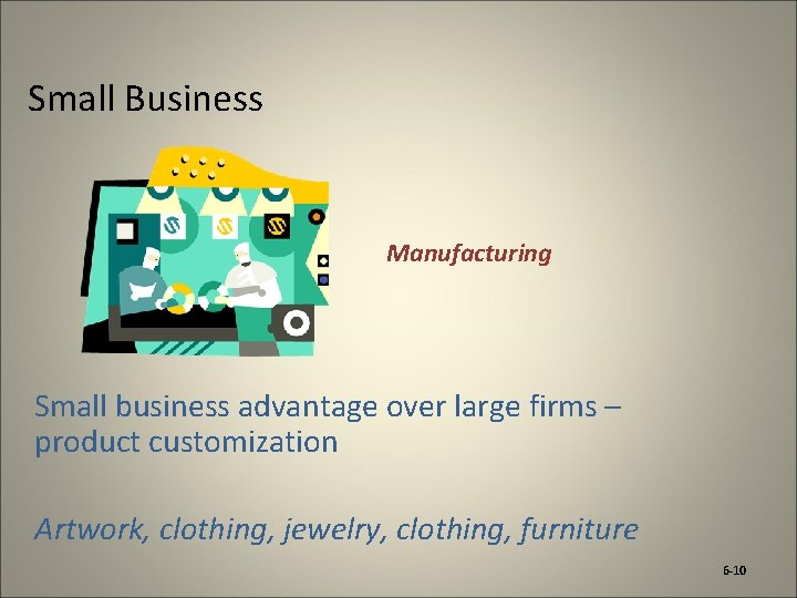 Small Business Manufacturing Small business advantage over large firms – product customization Artwork, clothing,