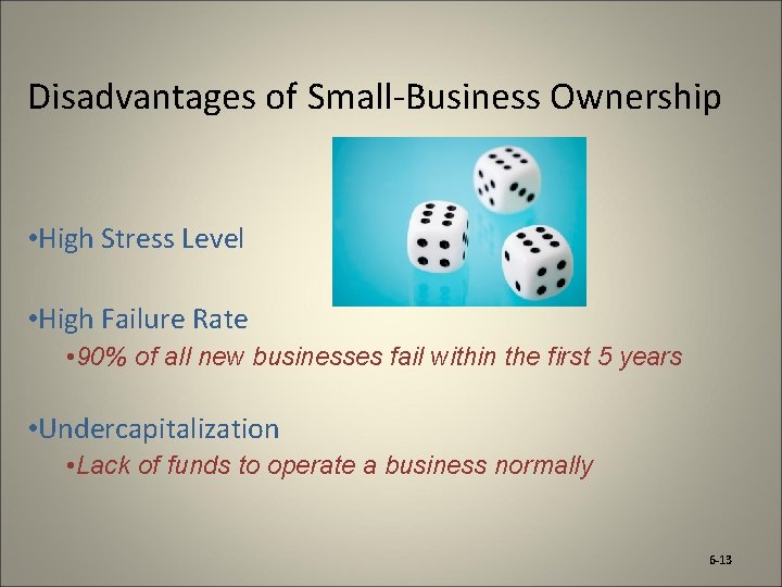 Disadvantages of Small-Business Ownership • High Stress Level • High Failure Rate • 90%