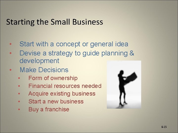 Starting the Small Business • • • Start with a concept or general idea