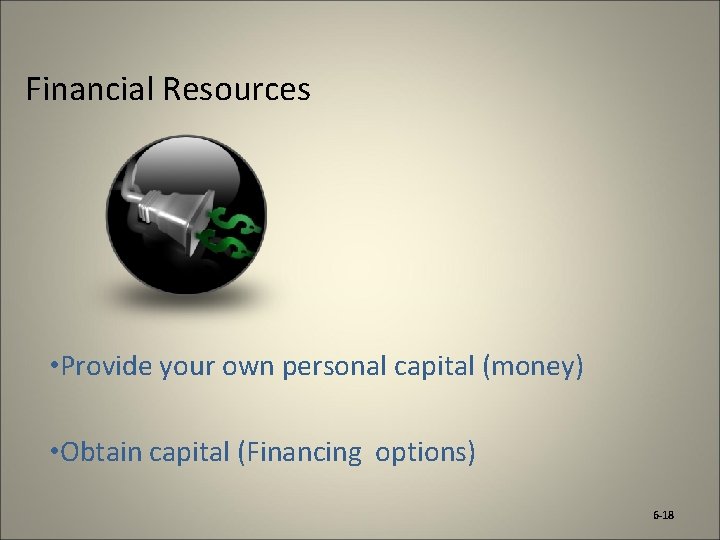 Financial Resources • Provide your own personal capital (money) • Obtain capital (Financing options)