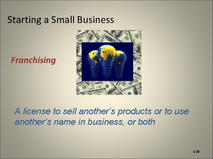 Starting a Small Business Franchising A license to sell another’s products or to use