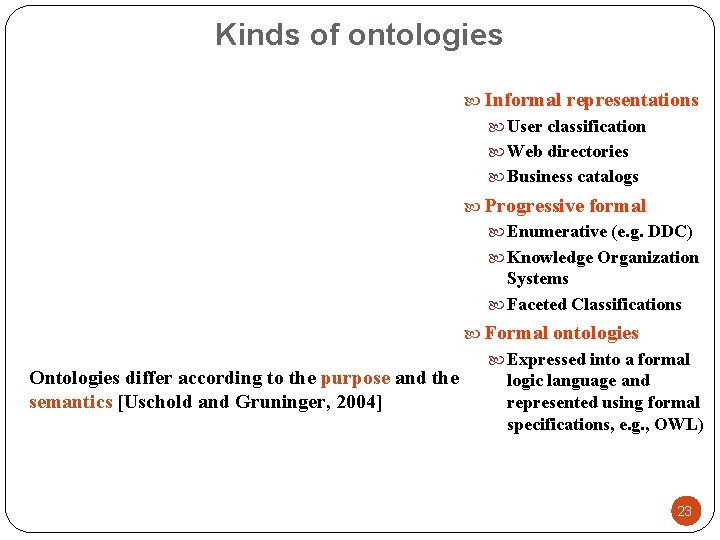 Kinds of ontologies Informal representations User classification Web directories Business catalogs Progressive formal Enumerative