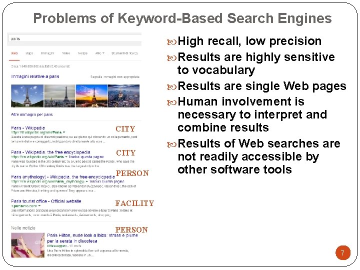 Problems of Keyword-Based Search Engines High recall, low precision Results are highly sensitive CITY