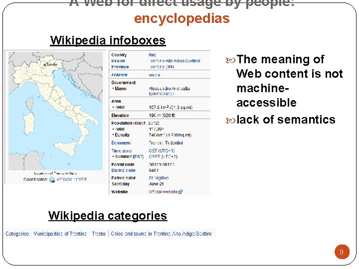 A Web for direct usage by people: encyclopedias Wikipedia infoboxes The meaning of Web