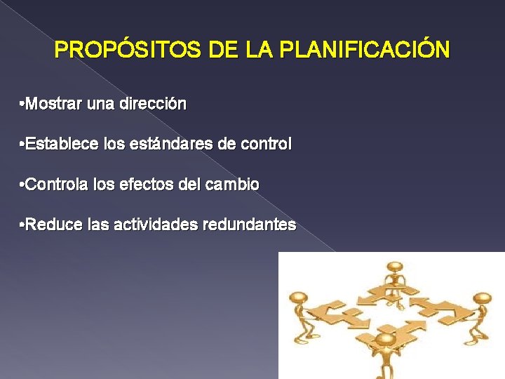 PROPÓSITOS DE LA PLANIFICACIÓN • Mostrar una dirección • Establece los estándares de control