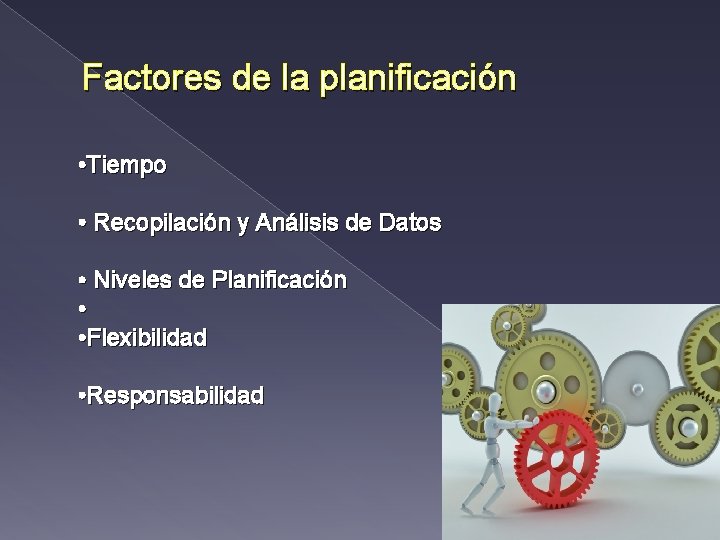 Factores de la planificación • Tiempo • Recopilación y Análisis de Datos • Niveles