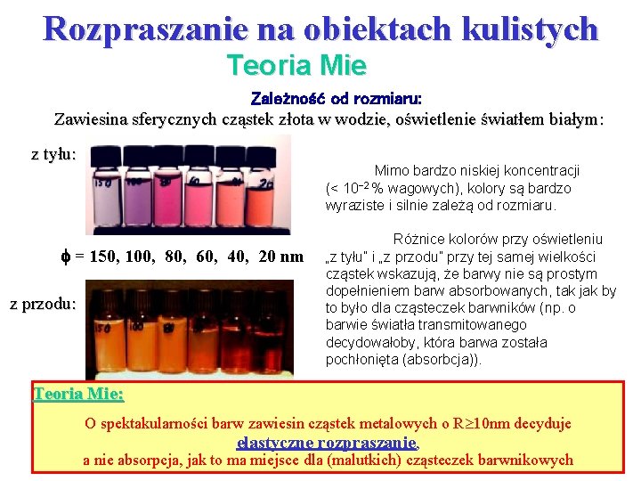 Rozpraszanie na obiektach kulistych Teoria Mie Zależność od rozmiaru: Zawiesina sferycznych cząstek złota w