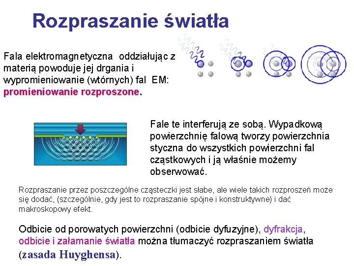 Rozpraszanie światła Fala elektromagnetyczna oddziałując z materią powoduje jej drgania i wypromieniowanie (wtórnych) fal