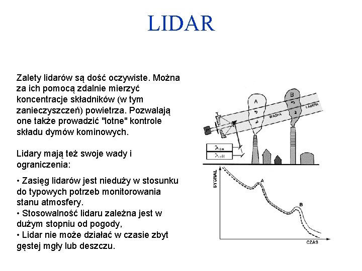 LIDAR Zalety lidarów są dość oczywiste. Można za ich pomocą zdalnie mierzyć koncentracje składników