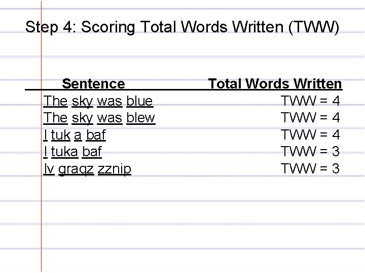 Step 4: Scoring Total Words Written (TWW) Sentence The sky was blue The sky