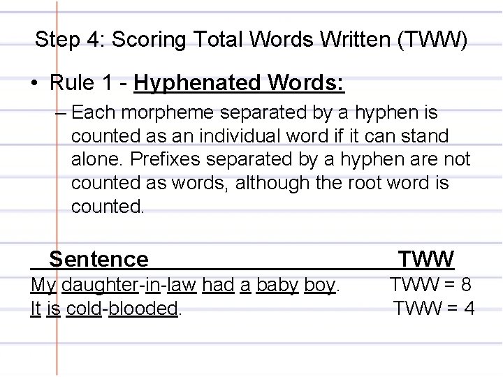 Step 4: Scoring Total Words Written (TWW) • Rule 1 - Hyphenated Words: –