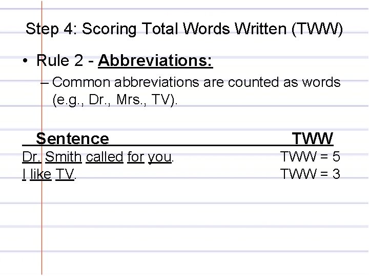 Step 4: Scoring Total Words Written (TWW) • Rule 2 - Abbreviations: – Common