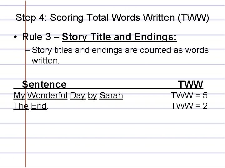 Step 4: Scoring Total Words Written (TWW) • Rule 3 – Story Title and