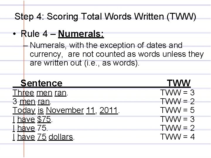 Step 4: Scoring Total Words Written (TWW) • Rule 4 – Numerals: – Numerals,