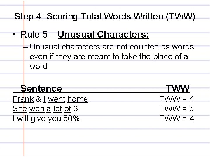 Step 4: Scoring Total Words Written (TWW) • Rule 5 – Unusual Characters: –