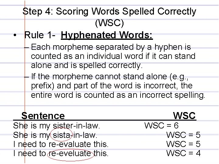 Step 4: Scoring Words Spelled Correctly (WSC) • Rule 1 - Hyphenated Words: –