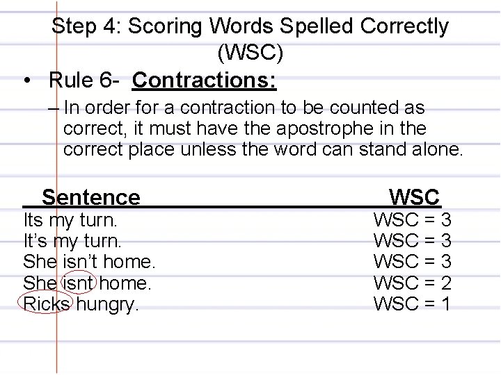 Step 4: Scoring Words Spelled Correctly (WSC) • Rule 6 - Contractions: – In