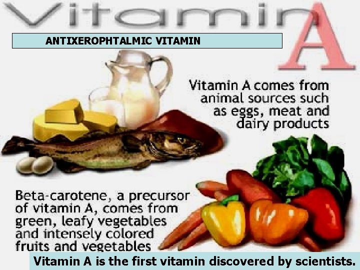 ANTIXEROPHTALMIC VITAMIN Vitamin A is the first vitamin discovered by scientists. 