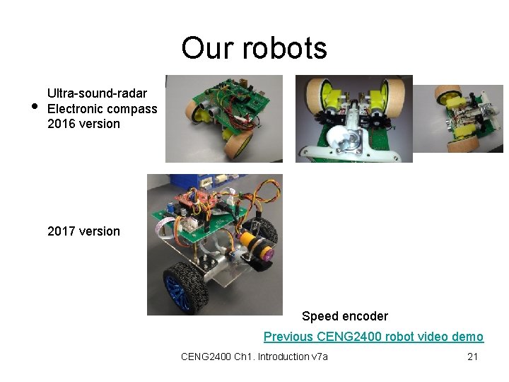 Our robots • Ultra-sound-radar Electronic compass 2016 version 2017 version Speed encoder Previous CENG
