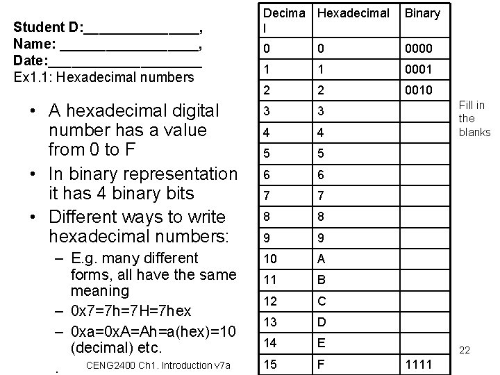 Student D: ________, Name: _________, Date: __________ Ex 1. 1: Hexadecimal numbers • A