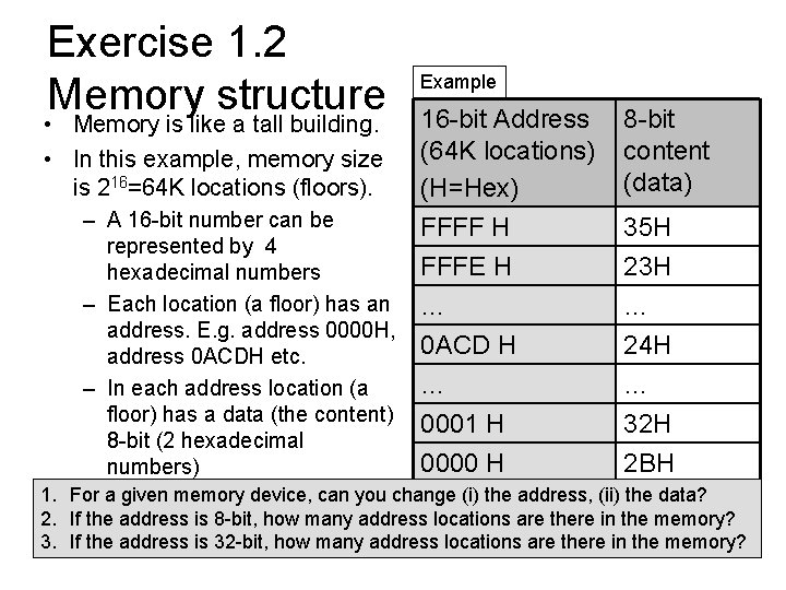 Exercise 1. 2 Memory structure • Memory is like a tall building. • In