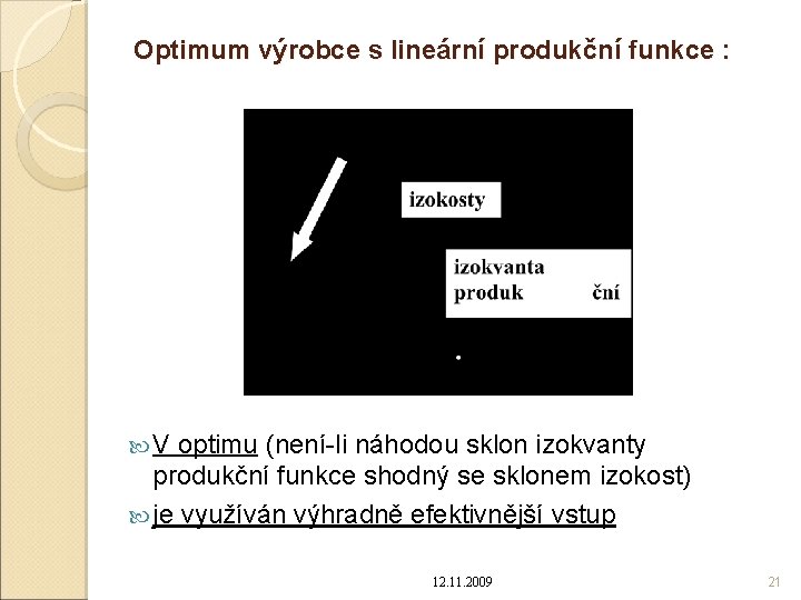 Optimum výrobce s lineární produkční funkce : V optimu (není-li náhodou sklon izokvanty produkční