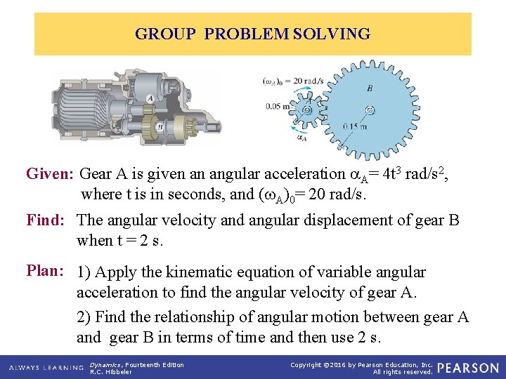 GROUP PROBLEM SOLVING Given: Gear A is given an angular acceleration A= 4 t