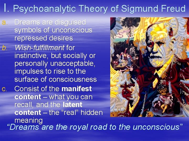 I. Psychoanalytic Theory of Sigmund Freud a. Dreams are disguised symbols of unconscious repressed