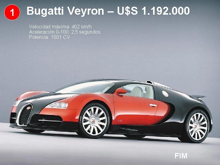 1 Bugatti Veyron – U$S 1. 192. 000 Velocidad máxima: 402 km/h Aceleración 0