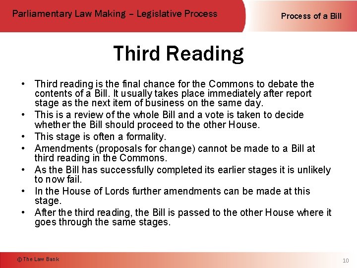 Parliamentary Law Making – Legislative Process of a Bill Third Reading • Third reading