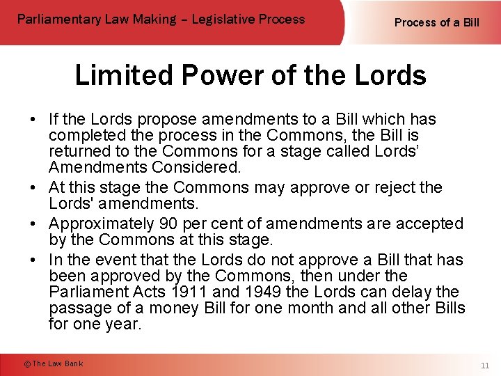 Parliamentary Law Making – Legislative Process of a Bill Limited Power of the Lords